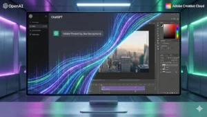Futuristička ilustracija podeljenog ekrana gde se interfejs ChatGPT-a sa leve strane dijagonalno pretapa u radni prostor Adobe Photoshopa na desnoj strani; svetleća linija digitalnih podataka povezuje tekstualnu komandu sa alatima za obradu slike, simbolizujući direktnu integraciju veštačke inteligencije i kreativnog softvera