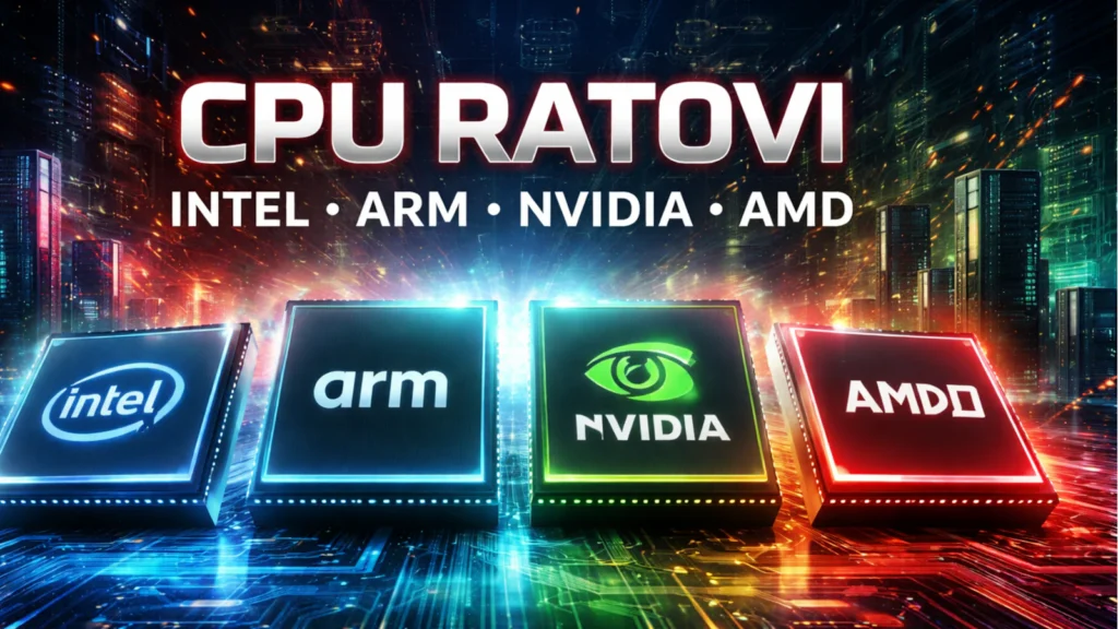 lustracija procesorskih ratova: Intel x86, ARM čipovi, NVIDIA AI i AMD, uz simbol RISC-V i data centar u pozadini.