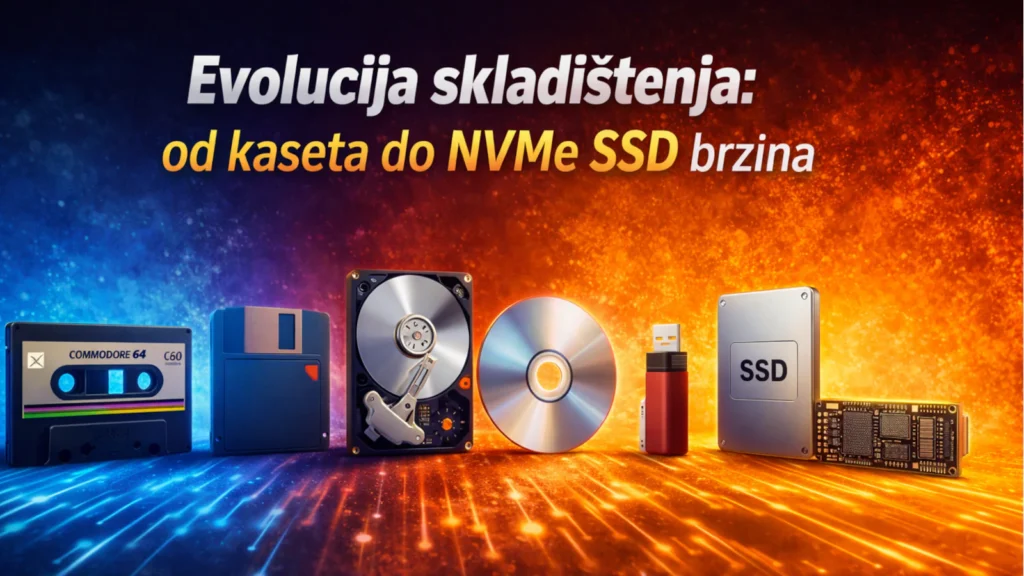 Ilustracija evolucije skladištenja podataka: kaseta i disketa prelaze u HDD, SATA SSD i NVMe M.2 SSD.