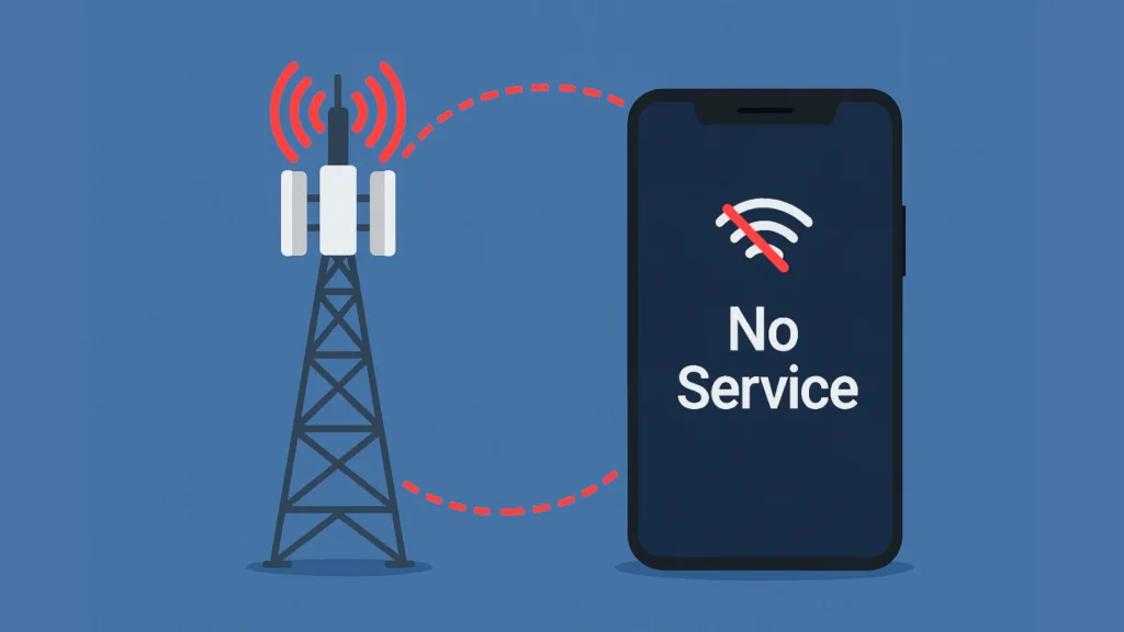 Ilustracija bazne stanice mobilnog operatera i telefona sa porukom No Service