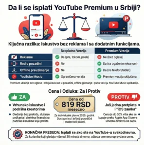 Infografika koja poredi besplatnu i YouTube Premium pretplatu u Srbiji, sa prikazom funkcija, cene i za/protiv argumenata.