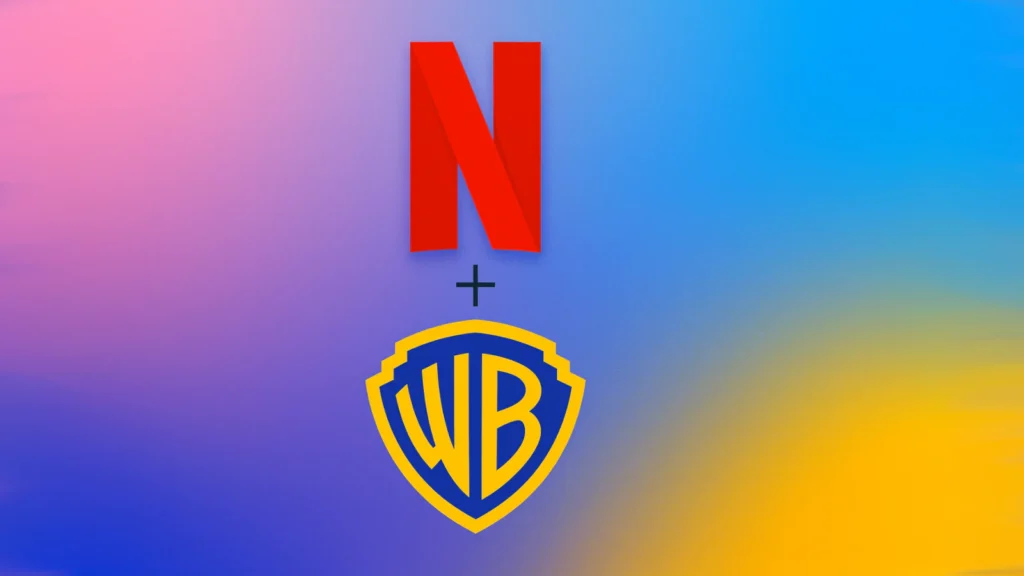 Generički logotipi Netflix i Warner Bros kompanija na šarenoj pozadini, simbol akvizicije u svetu striminga