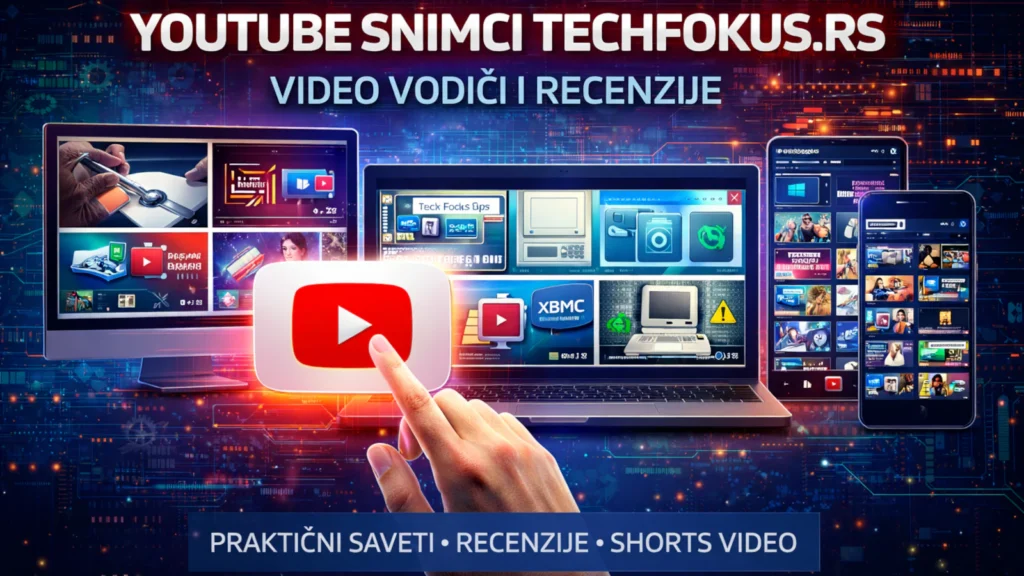 Promo vizual za TechFokus.rs YouTube stranicu sa ikonom YouTube-a, ekranom sa videima i tekstom “YouTube snimci po tekstovima sa sajta”.