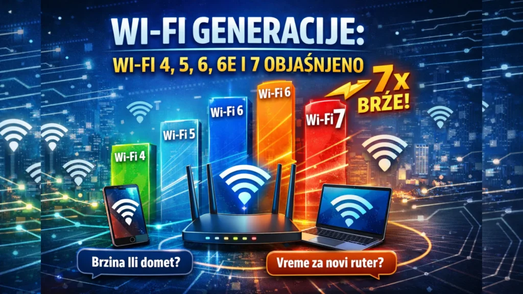 Infografika koja prikazuje Wi-Fi generacije (Wi-Fi 4, 5, 6, 6E i 7) i rast brzine signala uz ruter, laptop i telefon.