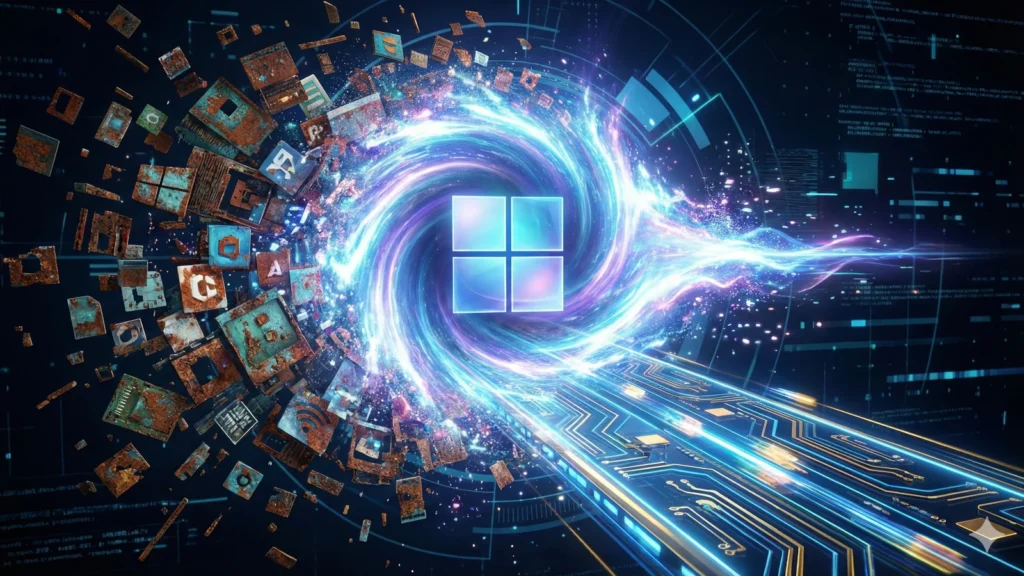 Futuristička ilustracija gde svetleći Windows 11 logo u centru plavog energetskog vrtloga vaporizuje stare, zarđale digitalne blokove podataka sa leve strane, pretvarajući ih u čistu, brzu stazu na štampanoj ploči koja vodi ka desno, simbolizujući čišćenje i ubrzanje sistema.