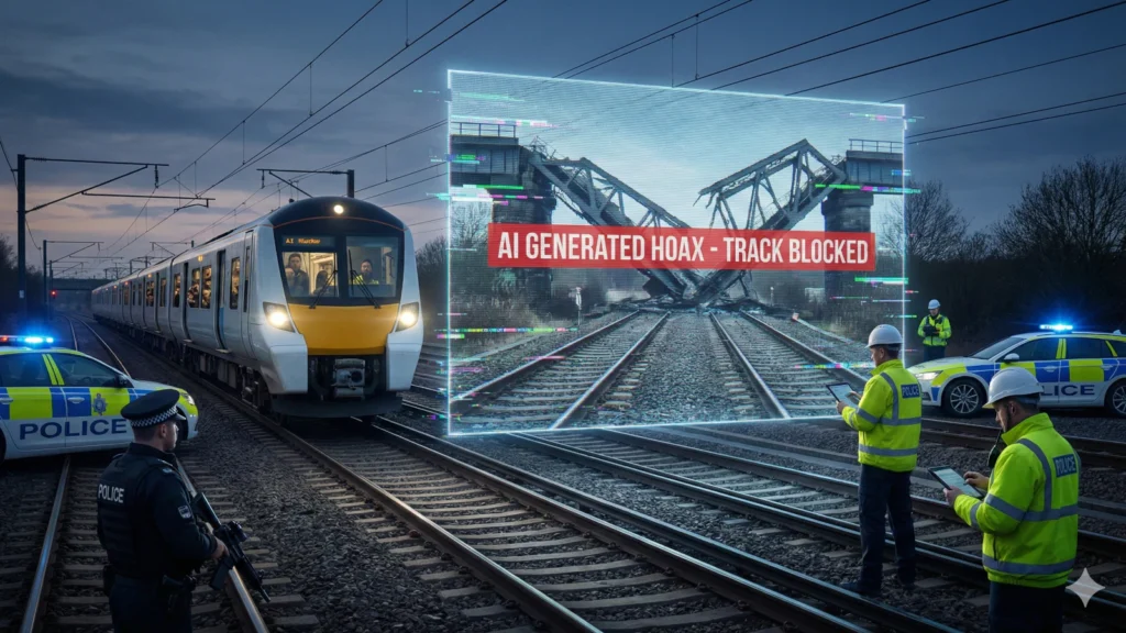 Britanski putnički voz zaustavljen je noću na pruzi ispred velikog, svetlećeg digitalnog holograma koji prikazuje lažnu sliku srušenog mosta sa crvenim natpisom "AI GENERATED HOAX - TRACK BLOCKED". Policajci i železnički inženjeri u fluorescentnim prslucima nalaze se pored pruge, obezbeđuju scenu i gledaju u tablete, dok policijska vozila sa upaljenim rotacijama stoje sa strane.