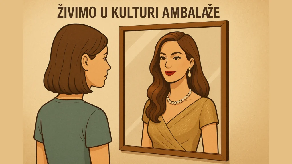 „Žena stoji ispred ogledala i gleda svoj jednostavan odraz, dok u ogledalu vidi glamuroznu, bogatu i savršenu verziju sebe – ilustracija teksta ‘Živimo u kulturi ambalaže’ o društvenim mrežama i samopercepciji.“