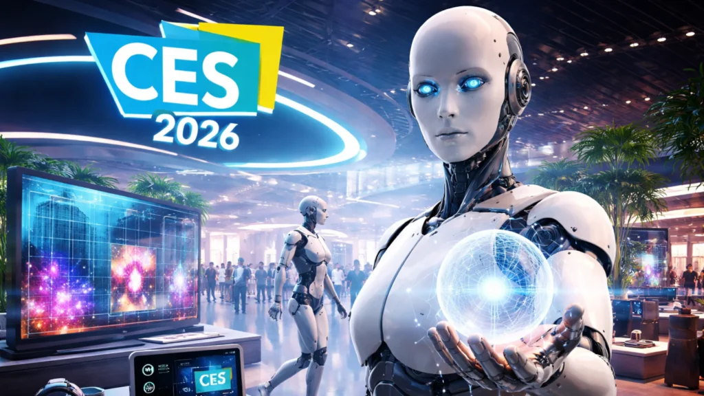 Futuristički prikaz CES 2026 sajma elektronike sa humanoidnim robotima, AI uređajima, pametnim domom i naprednim ekranima