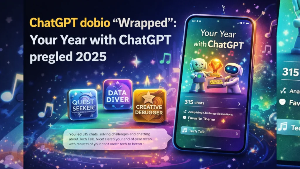 Ilustracija “Your Year with ChatGPT” pregleda za 2025 na telefonu, sa bedževima i šarenim Wrapped stilom.