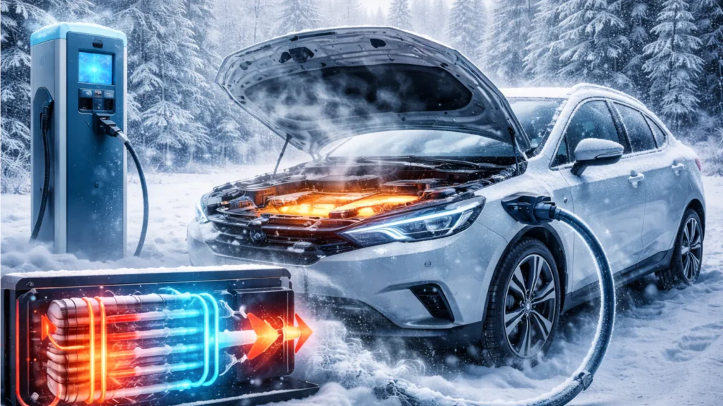 Električni automobil na zimskom putu uz prikaz hladne baterije i simbola grejanja, kao ilustracija pada dometa na niskim temperaturama.