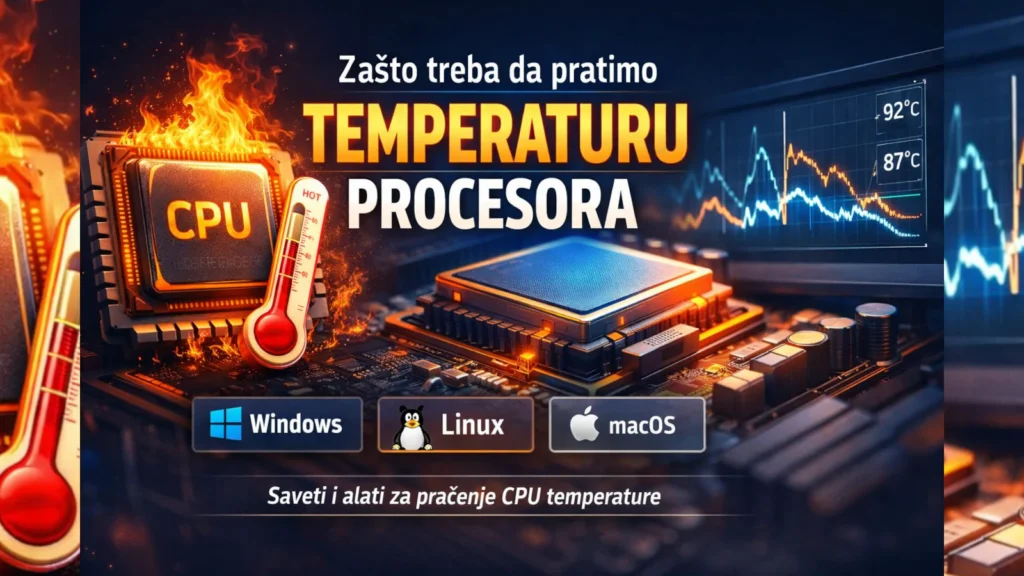 Ilustracija pregrevanja procesora (CPU) sa termometrom i oznakama Windows, Linux i macOS.