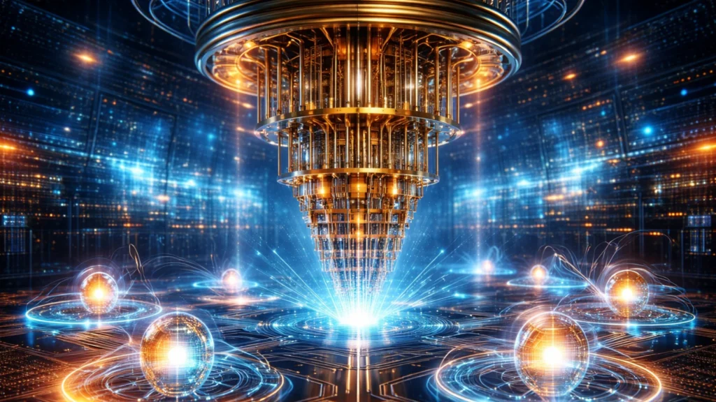 Ilustracija kvantnog računara sa qubitima i kvantnim vezama u futurističkom okruženju