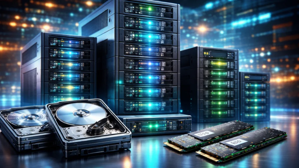 erveri i diskovi u data centru koji simbolizuju RAID skladištenje (HDD, SSD i NVMe).