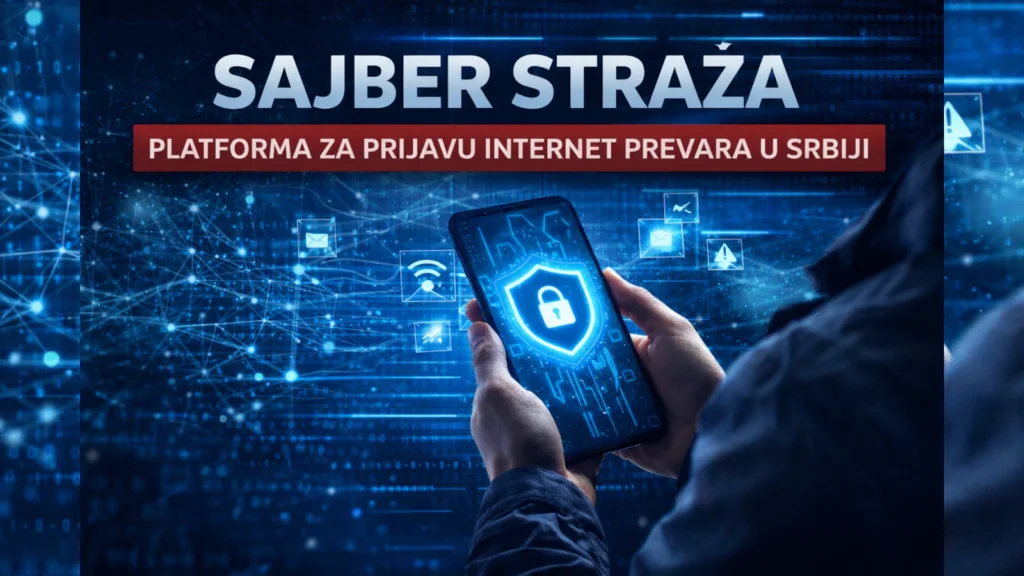 Ilustracija sajber bezbednosti: osoba drži telefon sa ikonom štita, uz naslov “Sajber straža” i podnaslov o prijavi internet prevara u Srbiji.
