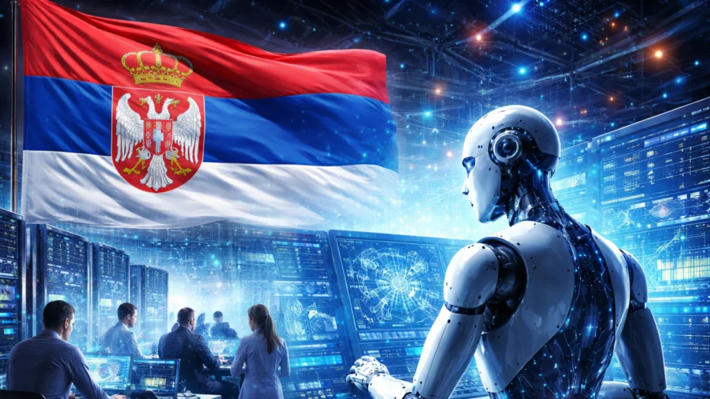 Humanoidni robot i stručnjaci u modernom data centru, uz vizuelne prikaze neuronskih mreža i srpsku zastavu u pozadini.