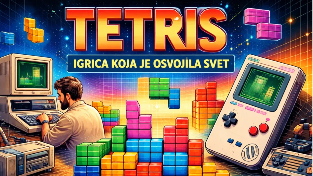 Retro ilustracija Tetrisa sa tetrominima, starim računarom i handheld konzolom.