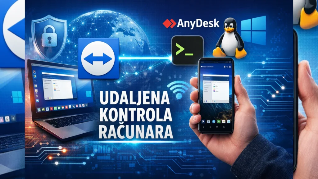 Udaljena kontrola računara: laptop i telefon povezani (TeamViewer/AnyDesk), uz ikone Windows i Linux.