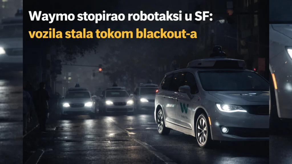 Waymo robotaksi u mračnoj ulici San Franciska tokom nestanka struje, uz tekst o obustavi usluge.