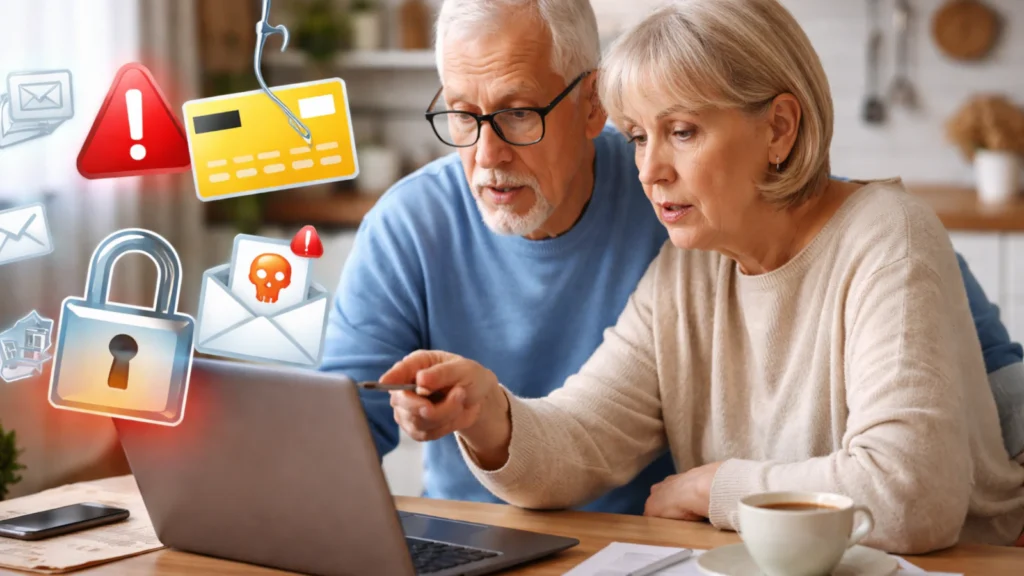 Stariji bračni par koristi laptop dok se na ekranu pojavljuju upozorenja na phishing, bankarske i online prevare.