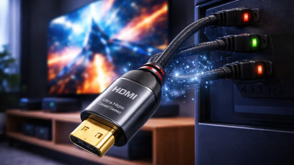 HDMI kabl povezan sa modernim televizorom, prikaz mogućih problema sa signalom i kvalitetom slike