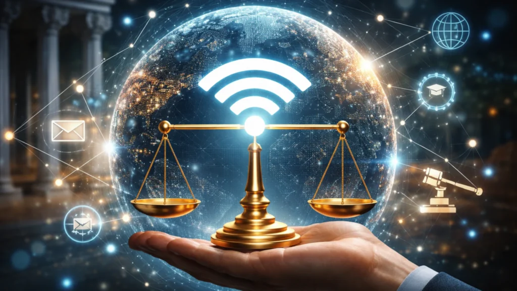 Vaga pravde sa WiFi simbolom ispred digitalne planete kao simbol prava na pristup internetu