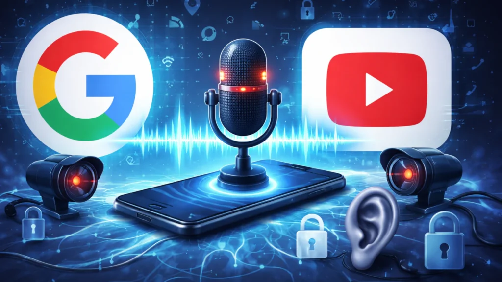 Ilustracija pametnog telefona sa mikrofonom i simbolima Google i YouTube, koncept digitalne privatnosti i prisluškivanja