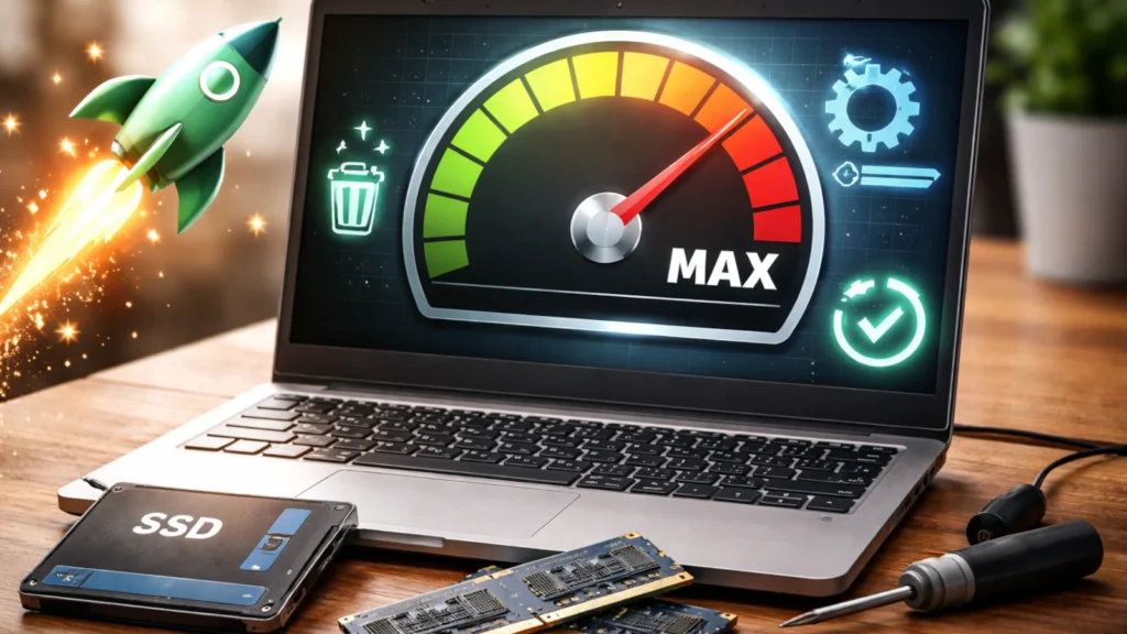 Stari laptop sa prikazom brzine rada, SSD i RAM memorija kao simbol ubrzanja Windows 10 i 11 računara