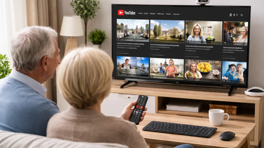 Stariji bračni par koristi Smart TV za YouTube i internet uz bežičnu tastaturu i miš u dnevnoj sobi.