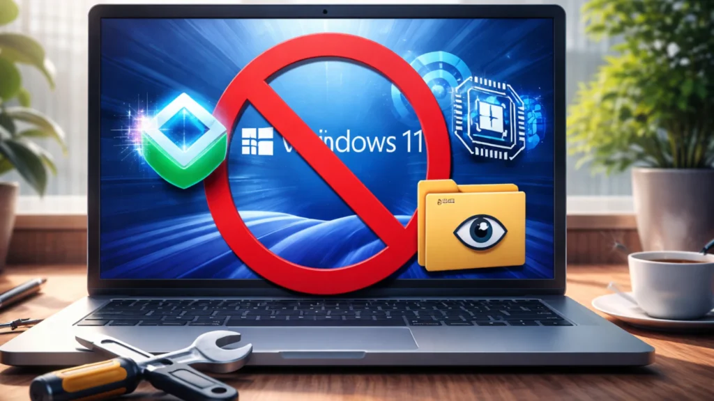 Laptop sa Windows 11 ekranom i znakom zabrane, uz ikone AI funkcija (Copilot, Recall) i alat za podešavanje.
