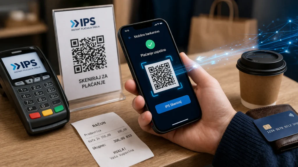 Korisnik plaća putem IPS QR koda u Srbiji koristeći aplikaciju mobilnog bankarstva na telefonu