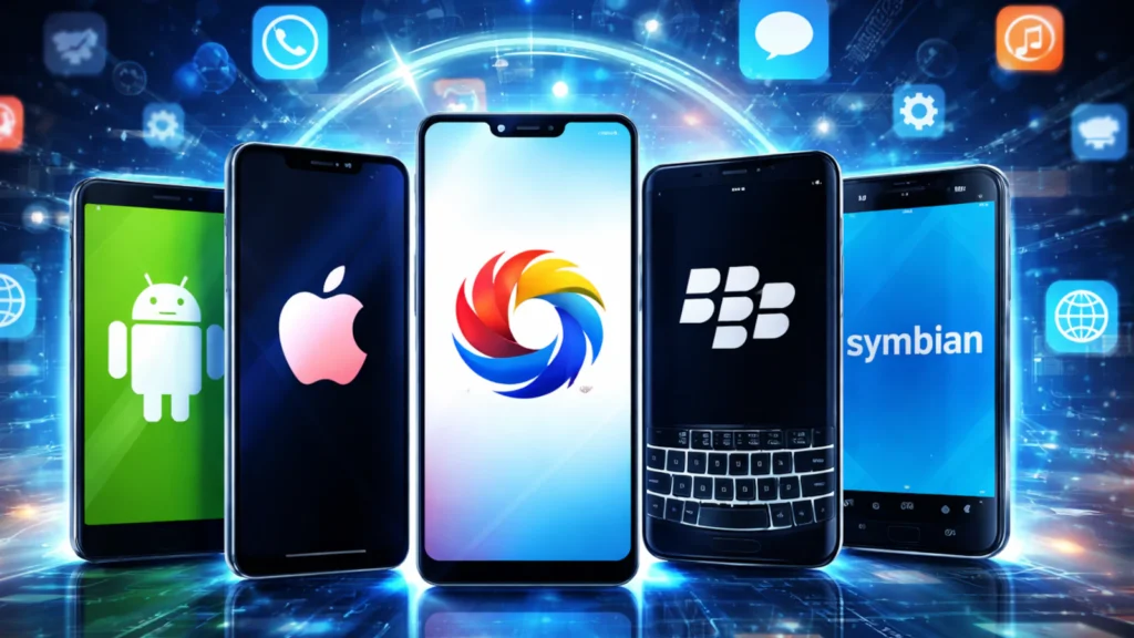 Ilustracija mobilnih telefona sa prikazom različitih operativnih sistema poput Androida, iOS-a, HarmonyOS-a, BlackBerry OS-a i Symbian-a