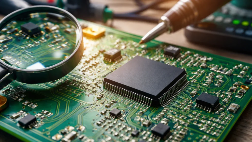 Zelena PCB ploča sa vidljivim bakarnim vodovima i elektronskim komponentama