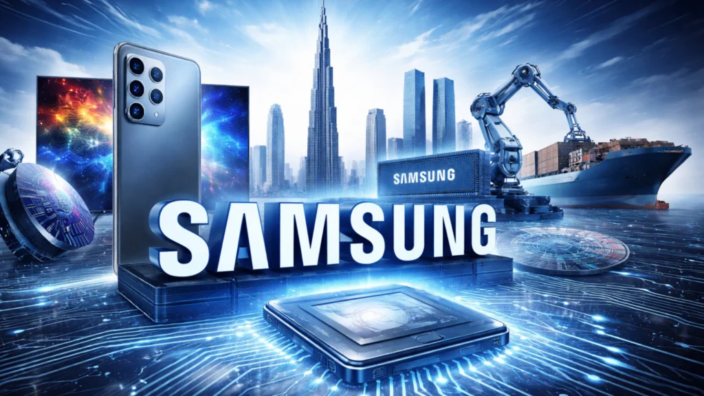 Ilustracija koja prikazuje Samsung kao globalnu tehnološku i industrijsku kompaniju kroz pametni telefon, ekran, čipove, robotiku, brod i moderne nebodere