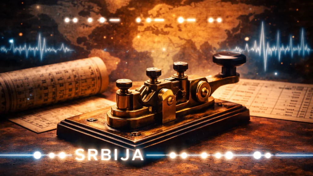 Stari telegrafski uređaj sa prikazom reči SRBIJA u Morzeovom kodu