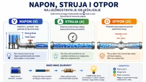 Infografika koja objašnjava razliku između AC i DC struje, kućne utičnice, baterije i punjača