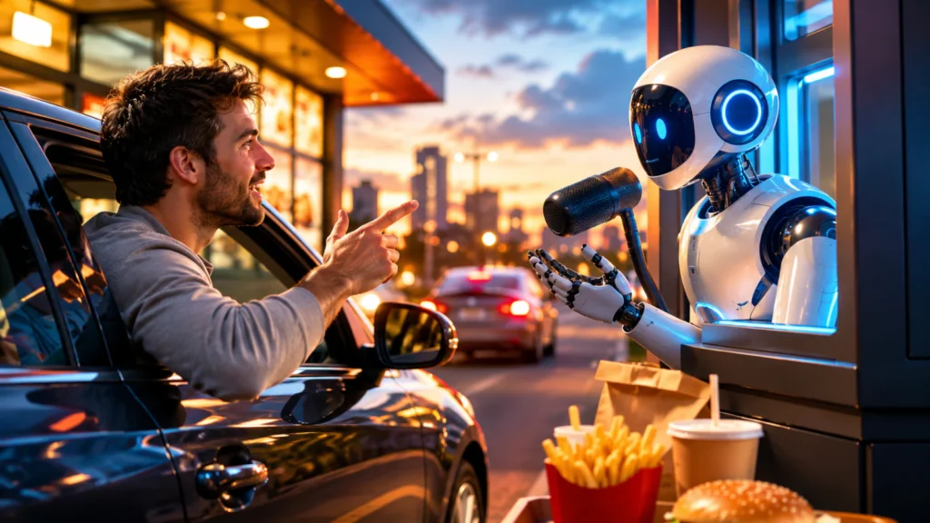 Kupac u automobilu naručuje hranu od AI robota na futurističkom drive-thru šalteru.