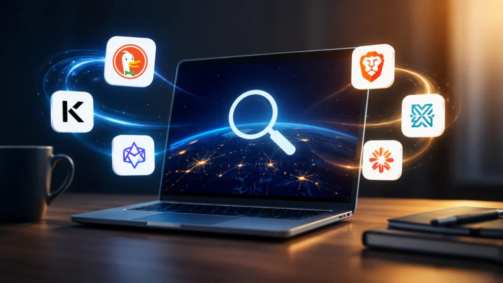 lustracija laptopa sa simbolom pretrage i ikonama alternativnih internet pretraživača.