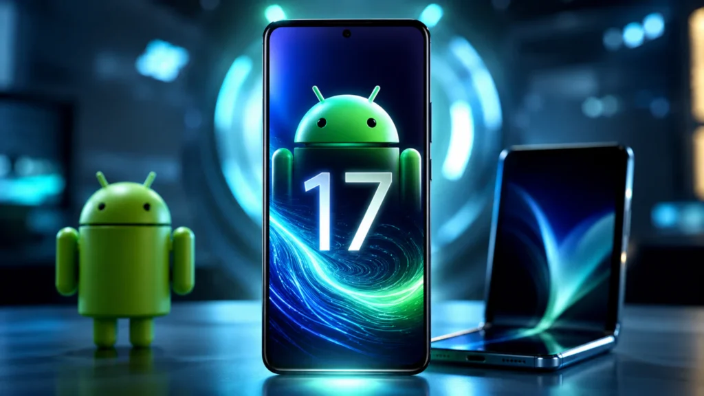 Futuristički pametni telefon sa prikazom Android 17 sistema i AI tehnologije
