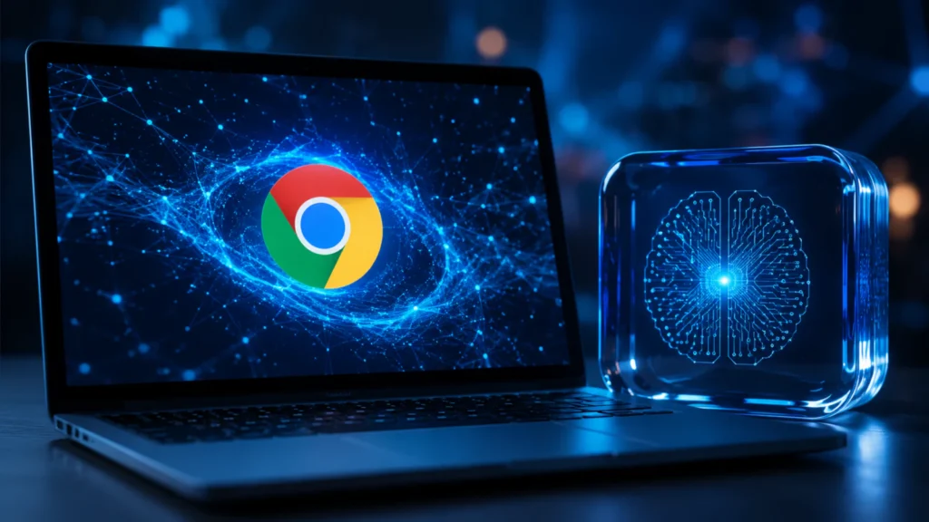 Laptop sa Google Chrome AI prikazom i Gemini Nano konceptom u futurističkom tehnološkom okruženju