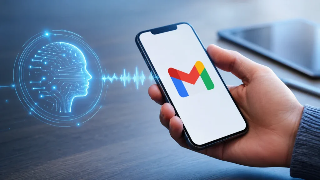 Pametni telefon sa Gmail simbolom i AI hologramom koji predstavlja novu funkciju razgovora sa mejlovima.
