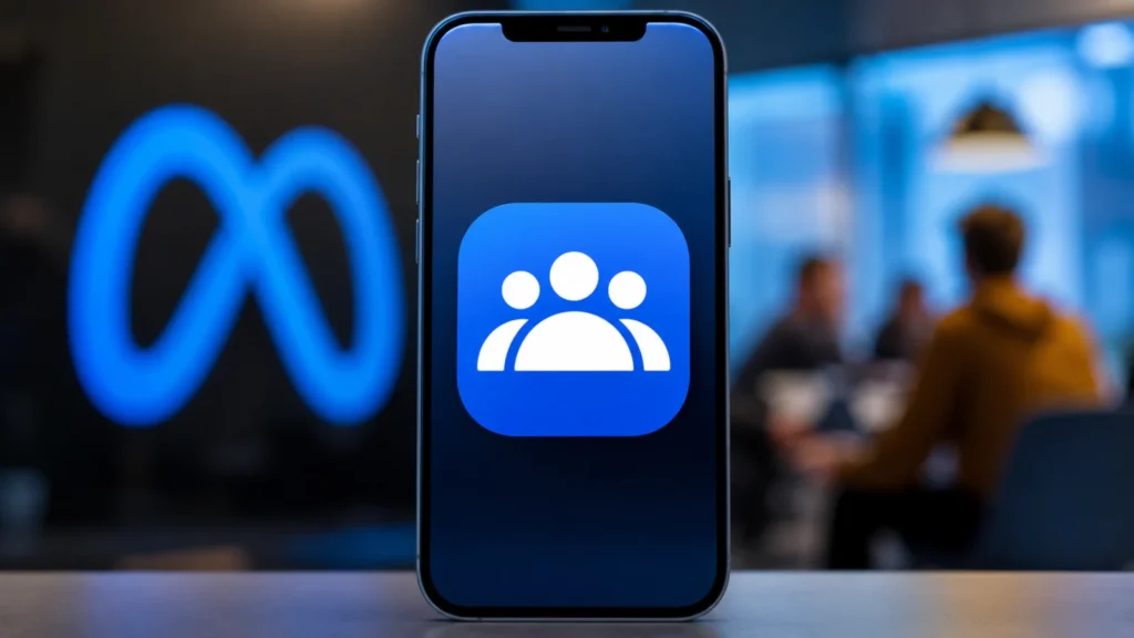 Pametni telefon sa ikonicom aplikacije za online zajednice i diskusije, uz zamućen Meta logo u pozadini.