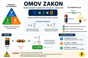 Infografika koja objašnjava Omov zakon kroz odnos napona, struje i otpora