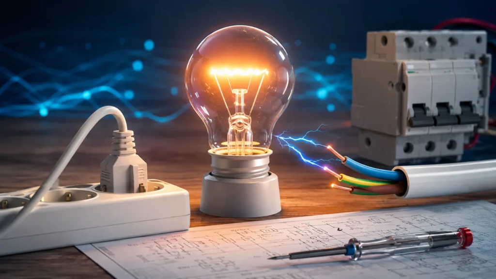 Ilustracija električne struje sa sijalicom, kablovima, utičnicom i zaštitnim prekidačima