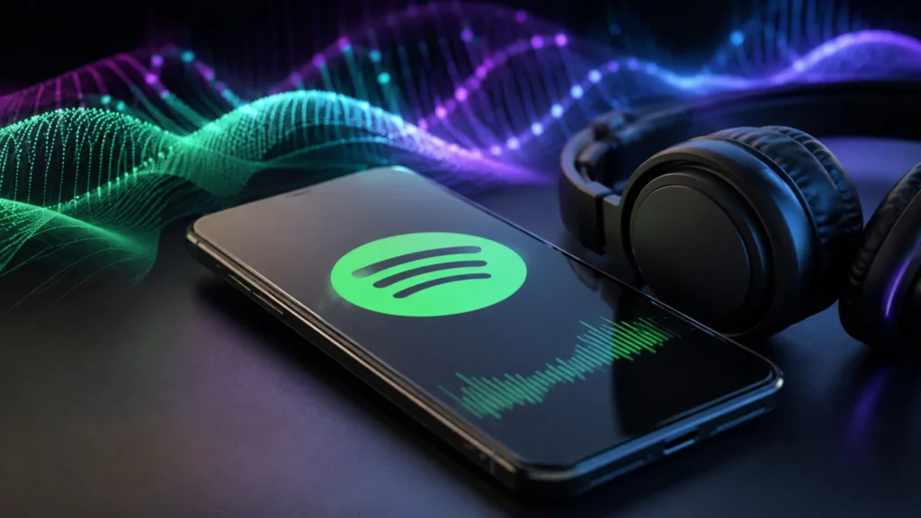 Pametni telefon sa muzičkom aplikacijom, slušalicama i digitalnim zvučnim talasima koji simbolizuju AI remikse na Spotify platformi